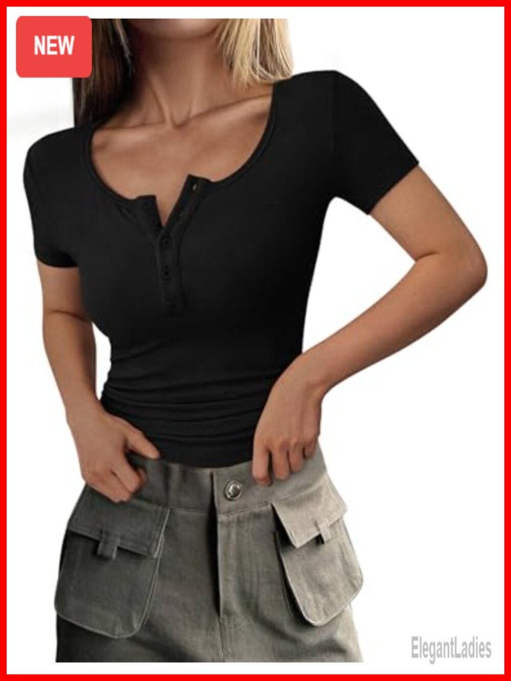 Ribbed Knit Henley Short Sleeve Top Button Up Slim Fit Casual